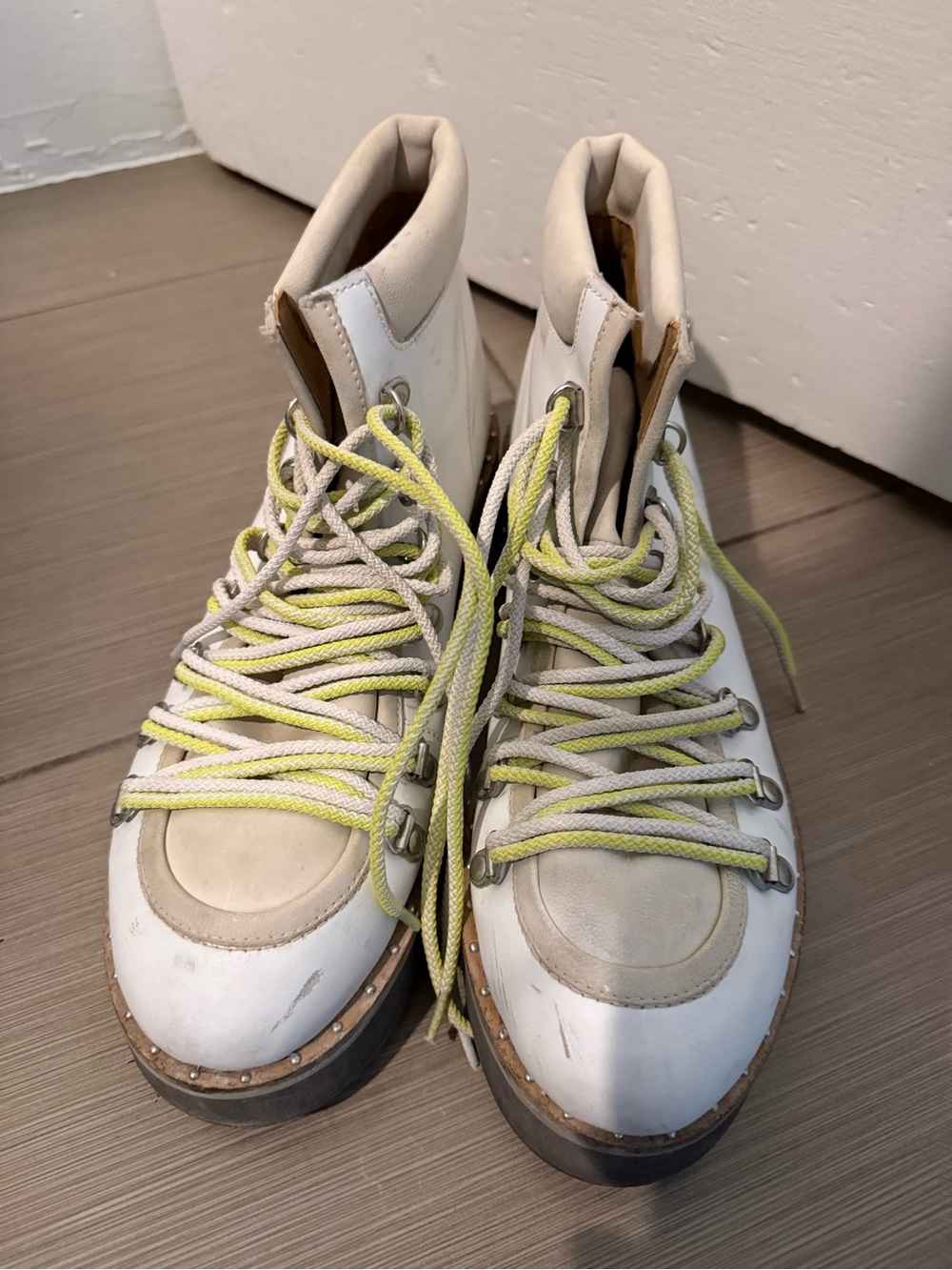 Free People White Leather Hiking Boots Neon Laces Sz 11